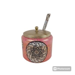 Antique pink Osaka J.K.L Fenton England sugar pot jam jar with spoon